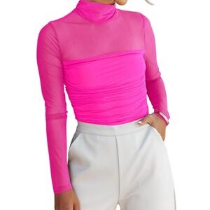NWT Reoria Sheer Mesh Mock Neck Long Sleeve Ruched Bodysuit Top – Small